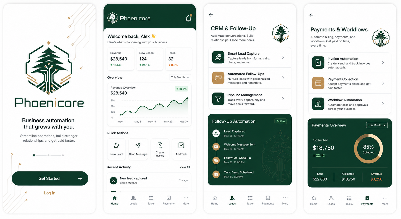 Phoenicore app screens showing dashboard, CRM, follow up automation, payments, and workflows